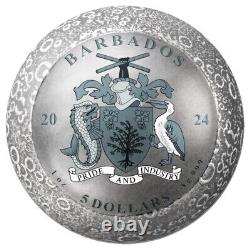 1 Oz Silver Coin 2024 Barbados $5 55th Ann. Moon Landing Spherical Shaped Coin