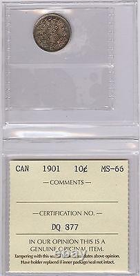 1901 10-Cent Canadian Coin Graded MS-66 by ICCS Iridescent toning on Dime