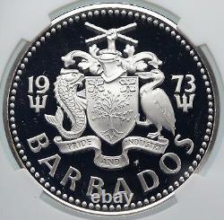 1973 BARBADOS Arms Fountain Trafalgar Genuine Proof Silver $5 Coin NGC i85234