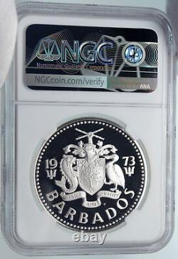 1973 BARBADOS Arms Fountain Trafalgar Genuine Proof Silver $5 Coin NGC i85234