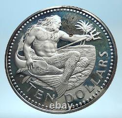 1973 BARBADOS Huge 4.2cm Genuine Proof Silver 10 Dollars Coin w NEPTUNE i77445