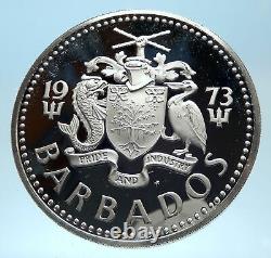 1973 BARBADOS Huge 4.2cm Genuine Proof Silver 10 Dollars Coin w NEPTUNE i77445