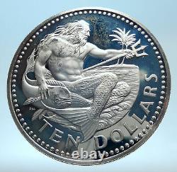 1973 BARBADOS Huge 4.2cm Genuine Proof Silver 10 Dollars Coin w NEPTUNE i77448