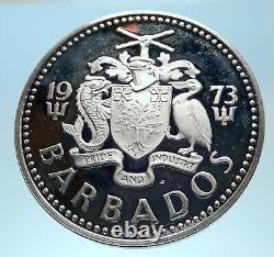 1973 BARBADOS Huge 4.2cm Genuine Proof Silver 10 Dollars Coin w NEPTUNE i77448