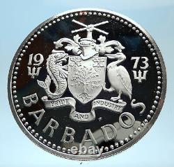 1973 BARBADOS Huge 4.2cm Genuine Proof Silver 10 Dollars Coin w NEPTUNE i77495