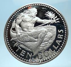 1973 BARBADOS Huge 4.2cm Genuine Proof Silver 10 Dollars Coin w NEPTUNE i77504