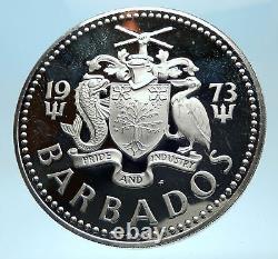 1973 BARBADOS Huge 4.2cm Genuine Proof Silver 10 Dollars Coin w NEPTUNE i77504