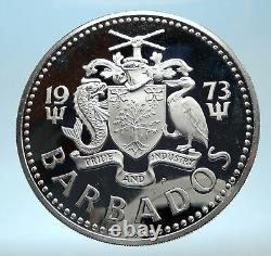 1973 BARBADOS Huge 4.2cm Genuine Proof Silver 10 Dollars Coin w NEPTUNE i77508