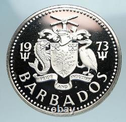 1973 BARBADOS Huge 4.2cm Genuine Proof Silver 10 Dollars Coin w NEPTUNE i84098