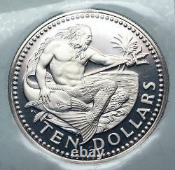 1973 BARBADOS Huge 4.2cm VINTAGE NEPTUNE Old Proof Silver 10 Dollars Coin i85514