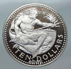 1973 BARBADOS Huge 4.2cm VINTAGE NEPTUNE Old Proof Silver 10 Dollars Coin i85584