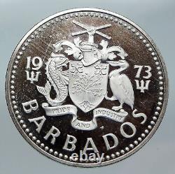 1973 BARBADOS Huge 4.2cm VINTAGE NEPTUNE Old Proof Silver 10 Dollars Coin i85584