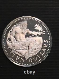 1973 BARBADOS Huge VINTAGE NEPTUNE Old Proof Silver 10 Dollars Coin Free Ship