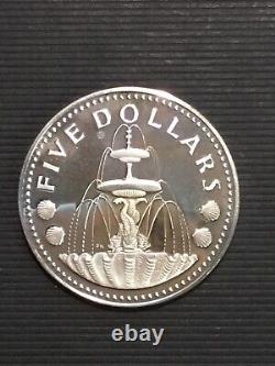 1973 BARBADOS Huge VINTAGE NEPTUNE Old Proof Silver 5 Dollars Coin Free Ship