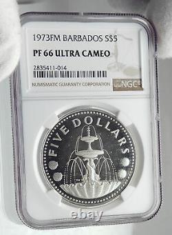 1973 BARBADOS Proof Arms Fountain Trafalgar Genuine Silver $5 Coin NGC i79876