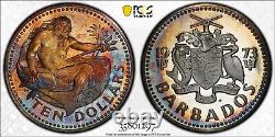 1973 BARBADOS Silver 10 Dollars PCGS Gold Shield PF68DCAM NEPTUNE Rainbow