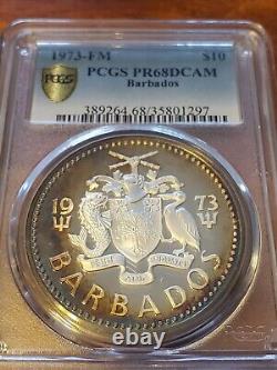 1973 BARBADOS Silver 10 Dollars PCGS Gold Shield PF68DCAM NEPTUNE Rainbow