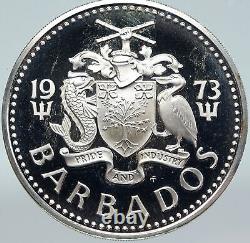 1973 BARBADOS Trafalgar Fountain Arms VINTAGE PROOF Silver 5 Dollars Coin i87086