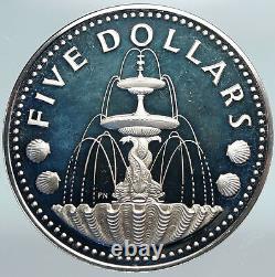 1973 BARBADOS Trafalgar Fountain Arms VINTAGE PROOF Silver 5 Dollars Coin i88247