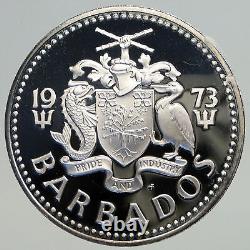 1973 BARBADOS Trafalgar Fountain Arms VINTAGE PROOF Silver 5 Dollars Coin i93803