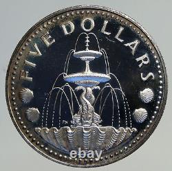 1973 BARBADOS Trafalgar Fountain Arms VINTAGE PROOF Silver 5 Dollars Coin i93803