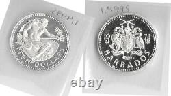 1973 Barbados 10 Dollars NEPTUNE Huge 4.2cm Genuine Silver Proof Sealed KM#17a