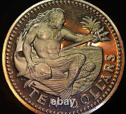 1973 Barbados Neptune Ocean God 10 dollars TONED 925 Sterling Silver coin C4376