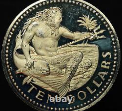 1973 Barbados Neptune Ocean God 10 dollars TONED 925 Sterling Silver coin C4376