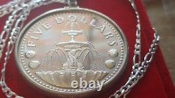 1973 Barbados Silver Wishing Well Cascading Fountain Coin Pendant 28 Chain