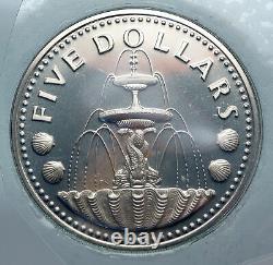 1974 BARBADOS Arms Fountain Trafalgar VINTAGE Proof Silver 5 Dollars Coin i85250