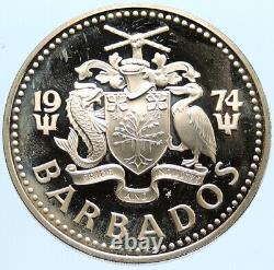 1974 BARBADOS Arms Fountain Trafalgar VINTAGE Proof Silver 5 Dollars Coin i96616