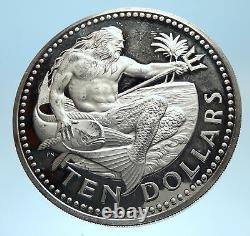 1974 BARBADOS Huge 4.2cm Genuine Proof Silver 10 Dollars Coin w NEPTUNE i77444