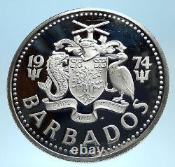 1974 BARBADOS Huge 4.2cm Genuine Proof Silver 10 Dollars Coin w NEPTUNE i77444