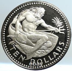 1974 BARBADOS Huge 4.2cm VINTAGE NEPTUNE Proof Silver 10 Dollars Coin i101329