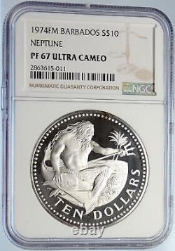 1974 BARBADOS Huge VINTAGE NEPTUNE Old Proof Silver 10 Dollars Coin NGC i105643