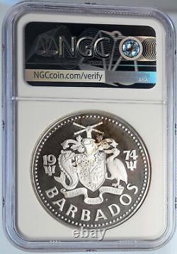 1974 BARBADOS Huge VINTAGE NEPTUNE Old Proof Silver 10 Dollars Coin NGC i105643