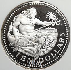 1974 BARBADOS Huge VINTAGE NEPTUNE Old Proof Silver 10 Dollars Coin NGC i106025