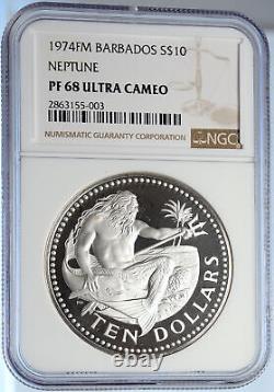 1974 BARBADOS Huge VINTAGE NEPTUNE Old Proof Silver 10 Dollars Coin NGC i106025