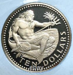 1974 BARBADOS Huge VINTAGE NEPTUNE Old Proof Silver 10 Dollars Coin i112731