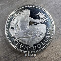 1974 BARBADOS VINTAGE NEPTUNE Proof Silver 10 Dollars Coin MINT RARE