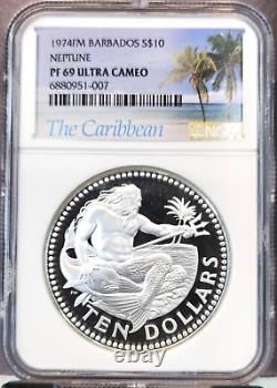 1974 Barbados Silver 10 Dollars Neptune Ngc Pf 69 Ultra Cameo Scarce Top Pop