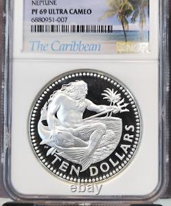 1974 Barbados Silver 10 Dollars Neptune Ngc Pf 69 Ultra Cameo Scarce Top Pop