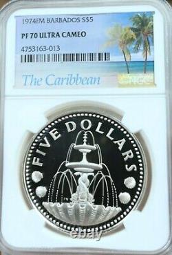 1974 Barbados Silver 5 Dollars Trafalgar Fountain Ngc Pf 70 Ultra Cameo Perfect