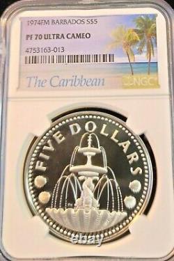 1974 Barbados Silver 5 Dollars Trafalgar Fountain Ngc Pf 70 Ultra Cameo Perfect