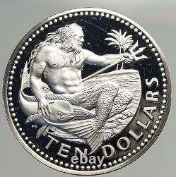 1975 BARBADOS Huge 4.2cm Genuine Proof Silver 10 Dollars Coin w NEPTUNE i93741