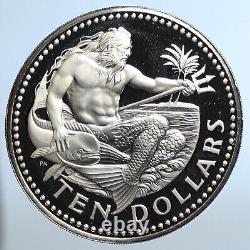 1975 BARBADOS Huge Genuine Old Proof Silver 10 Dollars Coin w NEPTUNE i110966