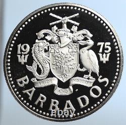 1975 BARBADOS Huge Genuine Old Proof Silver 10 Dollars Coin w NEPTUNE i110966