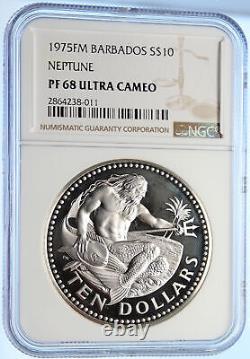 1975 BARBADOS Huge Old Genuine Proof Silver 10 Dollars Coin NEPTUNE NGC i106372