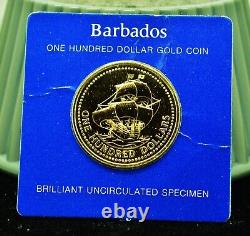 1975 Barbados $100 50th Anniversary -The English Ship BU 50% Gold Uncirculated