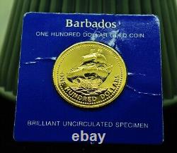 1975 Barbados $100 50th Anniversary -The English Ship BU 50% Gold Uncirculated